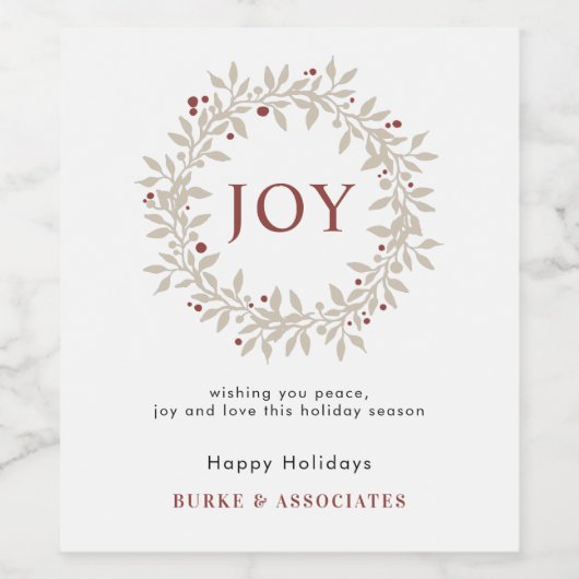 Elegant Rustic Wreath Joy Business Wijn Etiket (Enkel label)