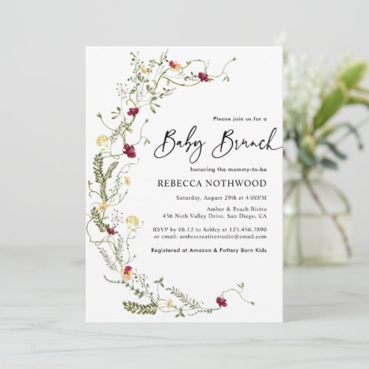 Elegant Rustic Wreath Wildflower Baby Brunch Kaart (Staand voorkant)