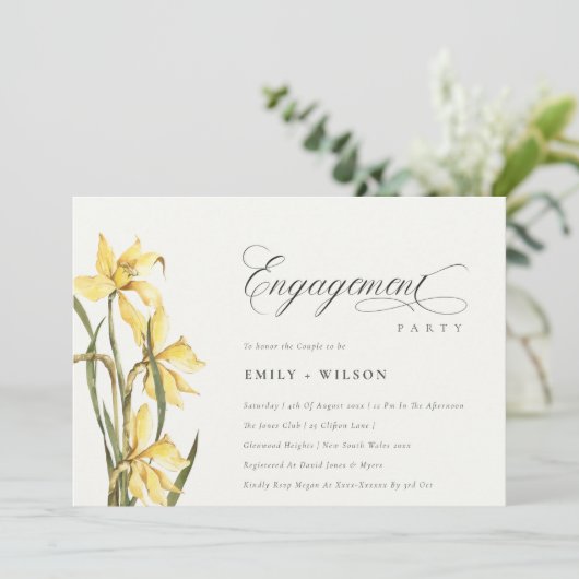 Elegant Rustic Yellow Daffodil Verloving Invite Bedankkaart (Staand voorkant)