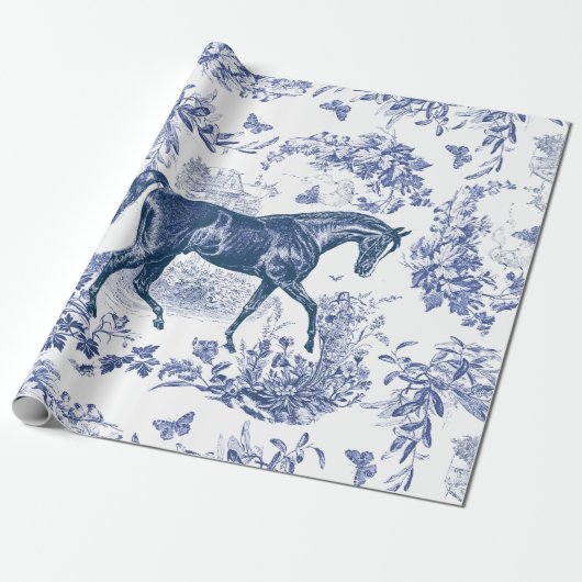 Elegant  Rustiek Blauw Paard Bloementoilet Cadeaupapier (Uitgerold)