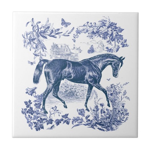 Elegant  Rustiek Blauw Paard Bloementoilet Tegeltje (Voorkant)