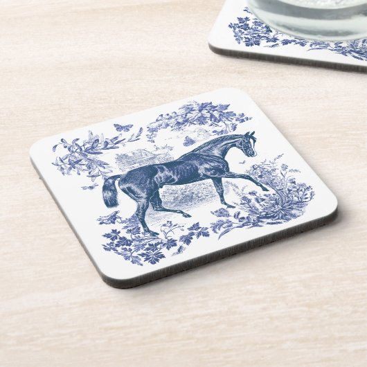 Elegant Rustiek Blauw Paard Country Toile Bier Onderzetter (Linkerzijde)