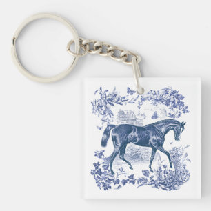 Elegant  Rustiek Blauw Paard Country Toile Sleutelhanger