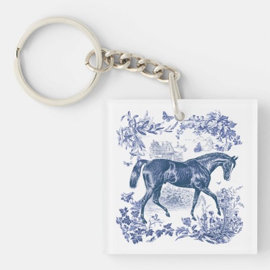 Elegant Rustiek Blauw Paard Country Toile Sleutelhanger (voorkant)