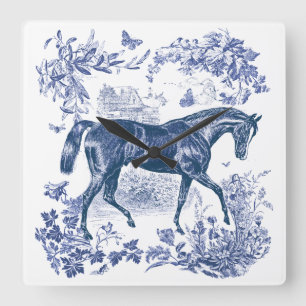 Elegant  Rustiek Blauw Paard Country Toile Vierkante Klok