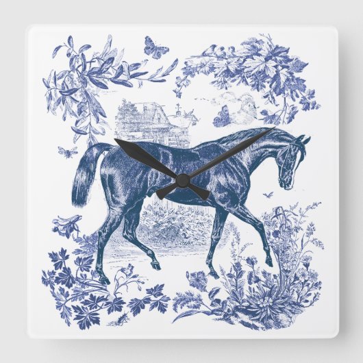 Elegant  Rustiek Blauw Paard Country Toile Vierkante Klok (Voorkant)