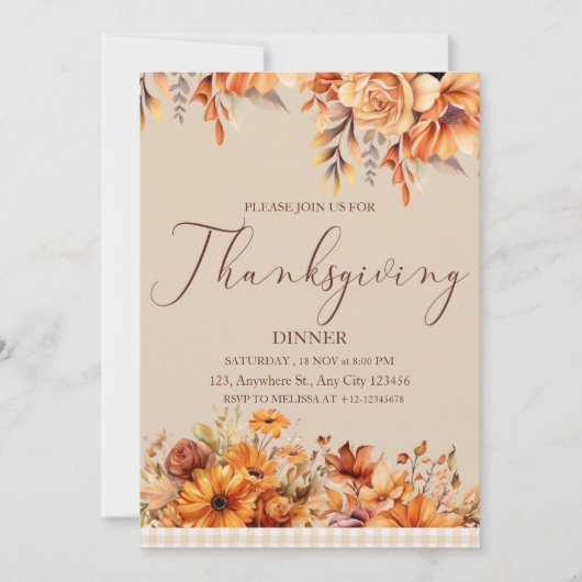 Elegant Rustiek Bloemen Thanksgiving Diner Kaart (Voorkant)