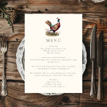 Elegant rustiek fazant Herfst jacht diner Menu<br><div class="desc">Jacht thema diner menukaart met een fazant illustratie en elegante typografie,  donkere olijfgroene backer en aangepaste tekst. Perfect voor een landelijk diner,  elegant huwelijksrepetitie diner,  jachtdiner,  jachtpensioneringsfeest of jachtverjaardagsfeest.</div>