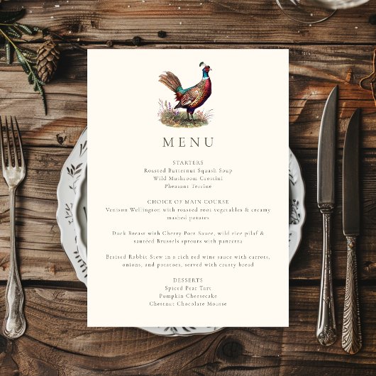Elegant rustiek fazant Herfst jacht diner Menu