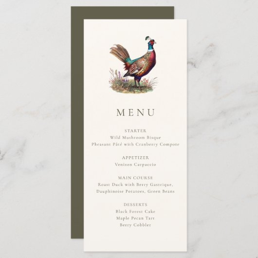 Elegant rustiek fazant Herfst jacht diner Menu (Voorkant / Achterkant)