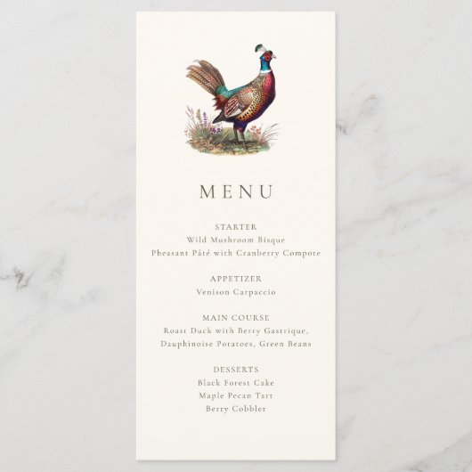 Elegant rustiek fazant Herfst jacht diner Menu (Voorkant)