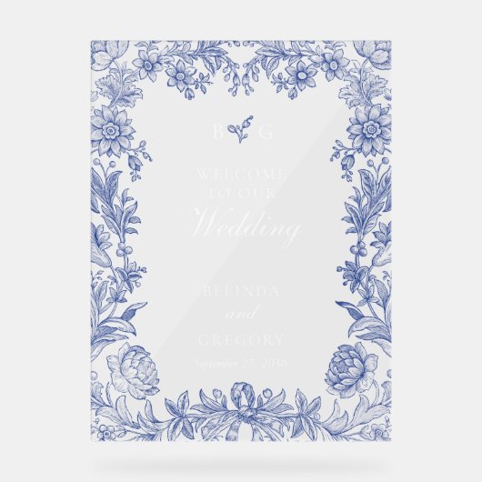 Elegant  rustiek Frans blauw bloemenbruiloft Acryl Bord (Voorkant)
