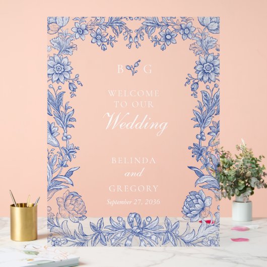 Elegant rustiek Frans blauw bloemenbruiloft Acryl Bord (Huwelijk)