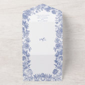 Elegant  rustiek Frans blauw bloemenbruiloft All In One Uitnodiging (Buitenkant)