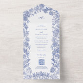 Elegant  rustiek Frans blauw bloemenbruiloft All In One Uitnodiging (Binnen)