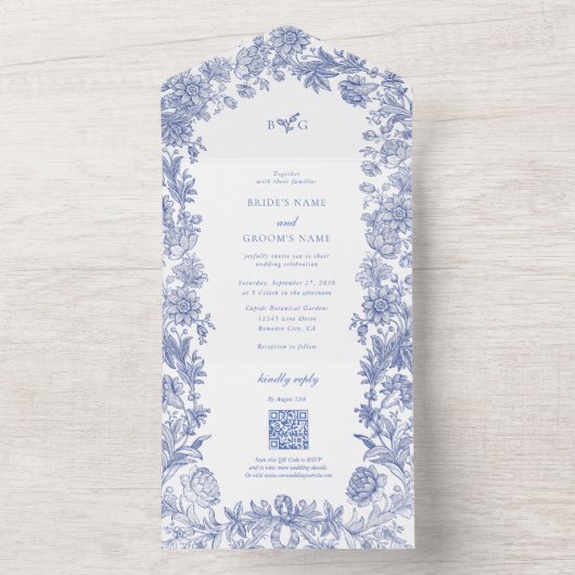 Elegant rustiek Frans blauw bloemenbruiloft All In One Uitnodiging (Binnen)
