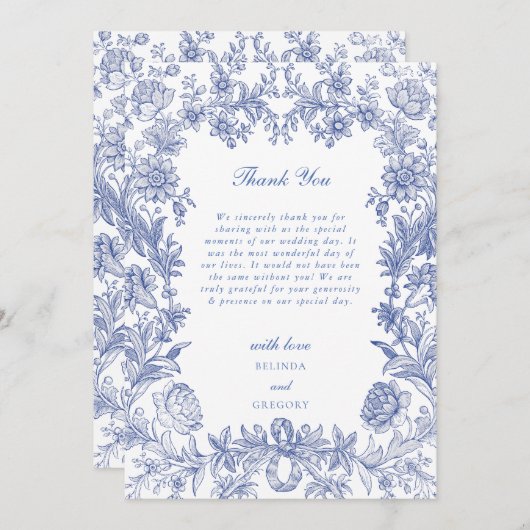 Elegant  rustiek Frans blauw bloemenbruiloft Bedankkaart (Voorkant / Achterkant)