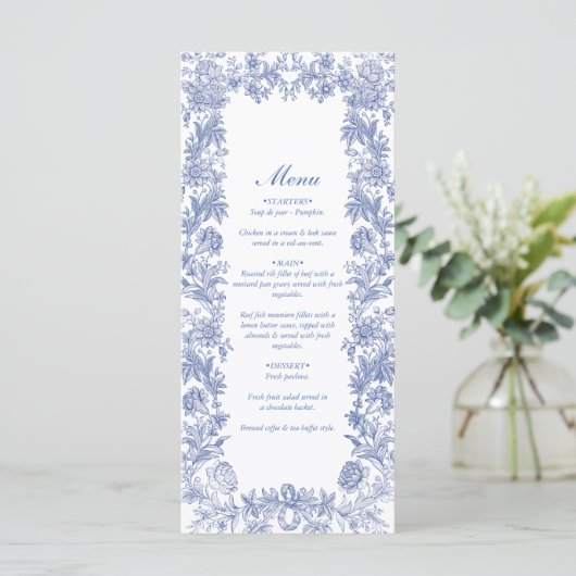 Elegant  rustiek Frans blauw bloemenbruiloft Menu (Staand voorkant)