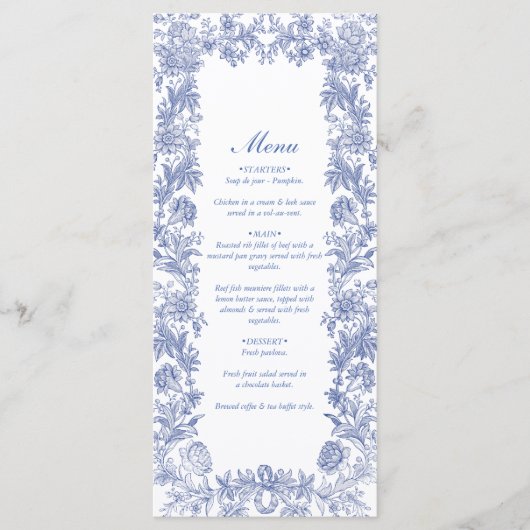 Elegant  rustiek Frans blauw bloemenbruiloft Menu (Voorkant)