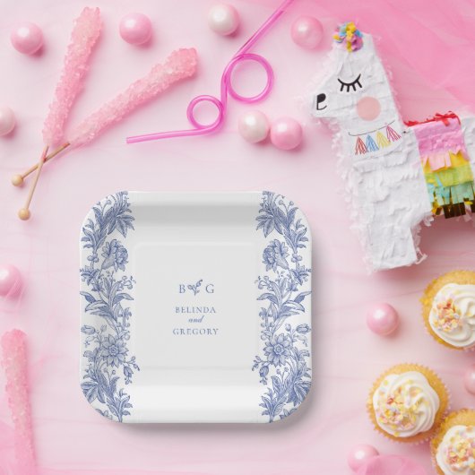 Elegant rustiek Frans blauw bloemenbruiloft Papieren Bordje (Feest)