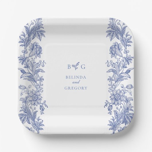 Elegant rustiek Frans blauw bloemenbruiloft Papieren Bordje (Voorkant)