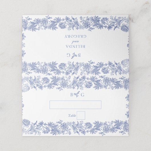 Elegant  rustiek Frans blauw bloemenbruiloft Plaatskaartje (Buitenkant ongevouwen)