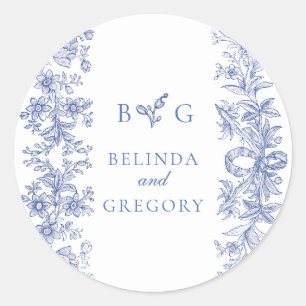 Elegant  rustiek Frans blauw bloemenbruiloft Ronde Sticker