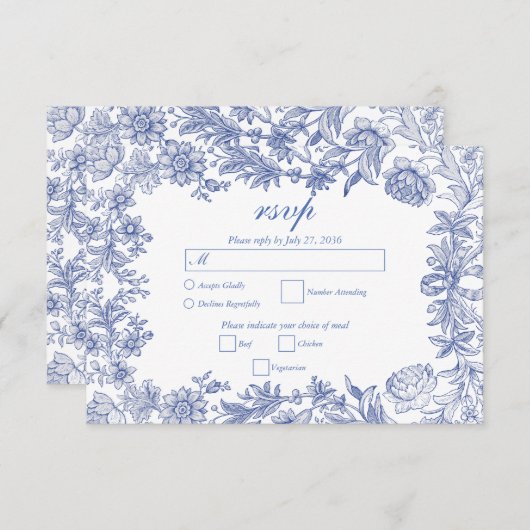 Elegant rustiek Frans blauw bloemenbruiloft RSVP Kaartje (Voorkant / Achterkant)