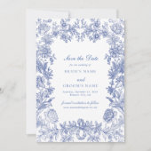 Elegant  rustiek Frans blauw bloemenbruiloft Save The Date (Voorkant)