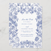 Elegant  rustiek Frans blauw bloemenbruiloft Save The Date (Voorkant / Achterkant)