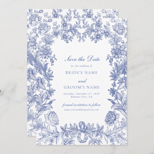Elegant  rustiek Frans blauw bloemenbruiloft Save The Date (Voorkant / Achterkant)