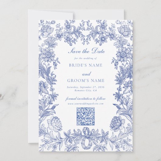 Elegant  rustiek Frans blauw bloemenbruiloft Save The Date (Voorkant)