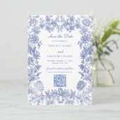 Elegant  rustiek Frans blauw bloemenbruiloft Save The Date (Staand voorkant)