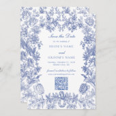 Elegant  rustiek Frans blauw bloemenbruiloft Save The Date (Voorkant / Achterkant)