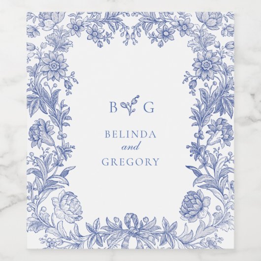 Elegant rustiek Frans blauw bloemenbruiloft Wijn Etiket (Enkel label)