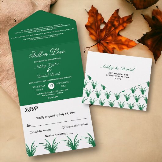 Elegant rustiek groen gras boho chique herfst brui all in one uitnodiging