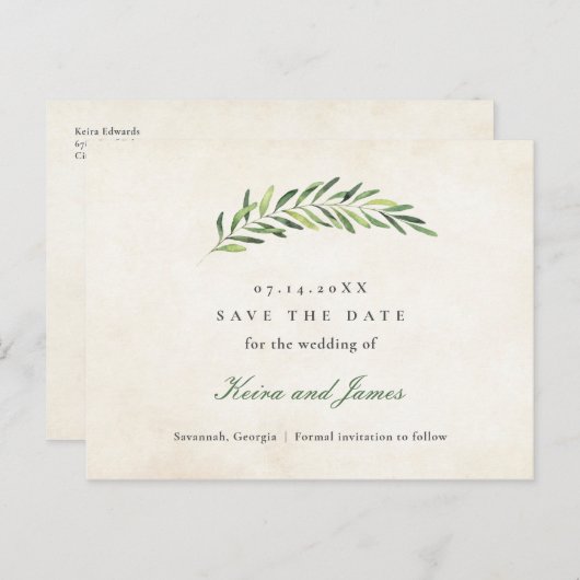 Elegant rustiek groen Save the Date Aankondigingskaart (Voorkant / Achterkant)