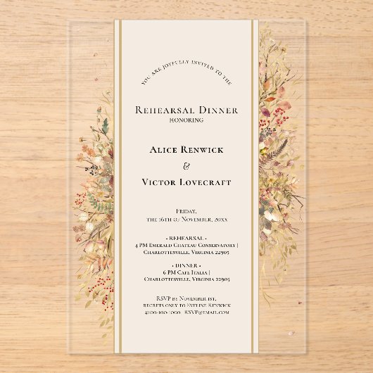 Elegant rustiek Herfst beige repetitiediner Acryl Uitnodigingen (Voorkant)