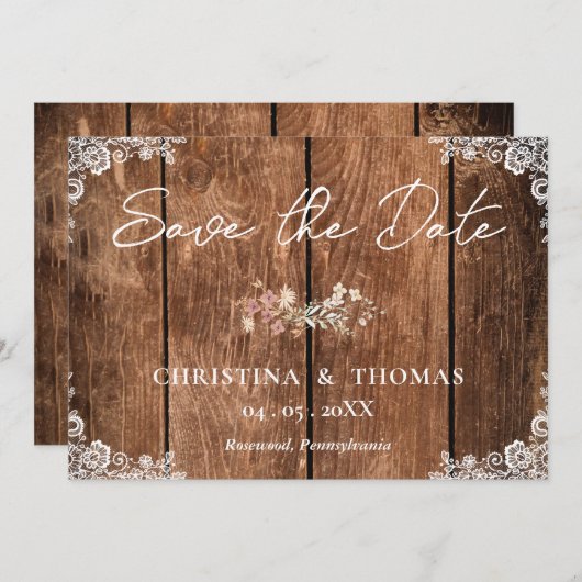 Elegant rustiek hout en kant land bruiloft save the date (Voorkant / Achterkant)