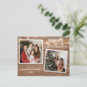 Elegant rustiek hout kerst familie 2 foto feestdagenkaart (Staand voorkant)
