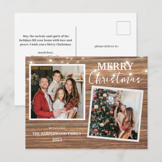 Elegant rustiek hout kerst familie 2 foto feestdagenkaart (Voorkant / Achterkant)