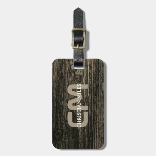 Elegant rustiek hout monogrammed naam gepersonalis bagagelabel (Voorkant verticaal)