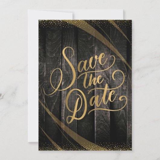 Elegant rustiek hout zwart en glanzend bruiloft kaart (Voorkant)