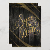 Elegant rustiek hout zwart en glanzend bruiloft kaart (Voorkant / Achterkant)