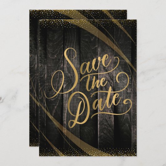 Elegant rustiek hout zwart en glanzend bruiloft kaart (Voorkant / Achterkant)