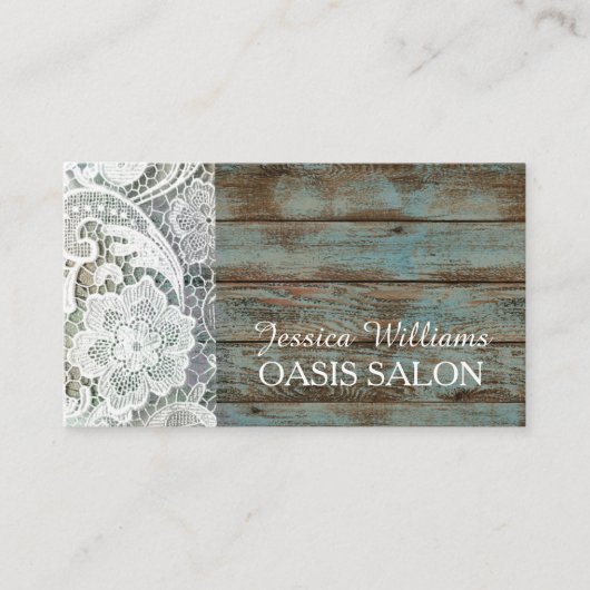 Elegant rustiek land wit kant blauw schuurhout visitekaartje (Voorkant)