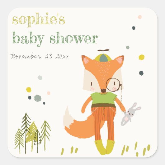 Elegant rustiek schattig bos leuk vos Baby shower Vierkante Sticker (Voorkant)