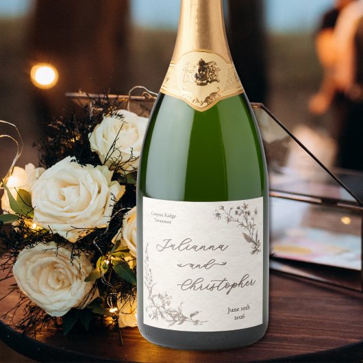 Elegant Rustiek Wildflowers Script Sparkling Wijnetiket