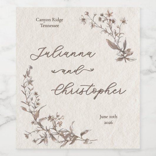 Elegant Rustiek Wildflowers Script Wijn Etiket (Enkel label)