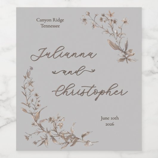 Elegant Rustiek Wildflowers Script Zilver Wijn Etiket (Enkel label)